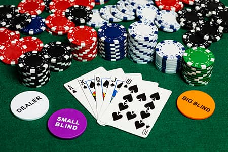 poker chips, poker cards, and 3 buttons: big blind, small blind, dealer