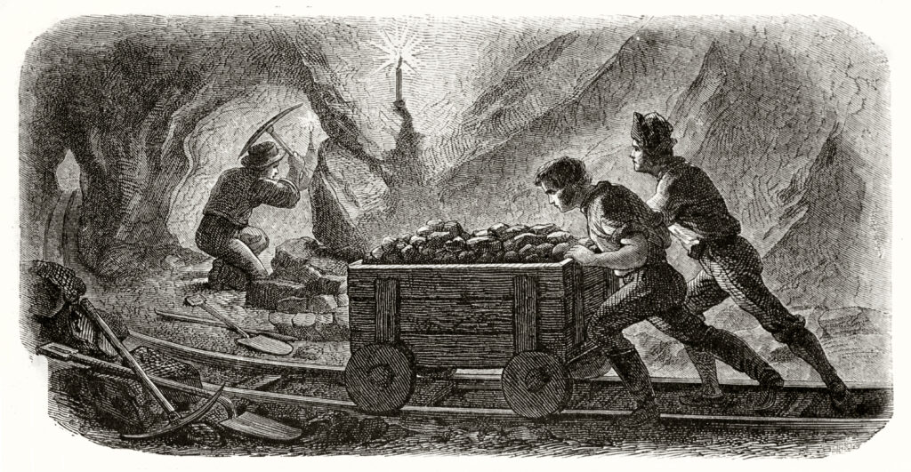 Old illustration of miners pulling a cart in a quartz mine. Created by Chassevent and Sargent after previous engraving by unknown author, published on Le Tour du Monde, Paris, 1862