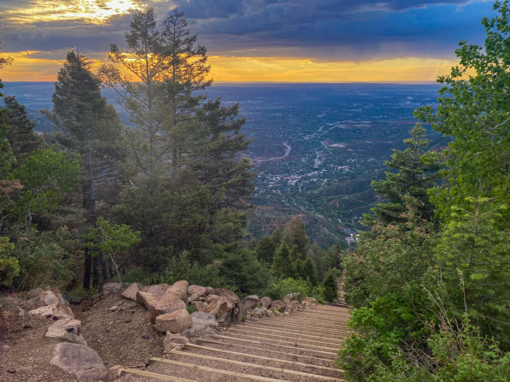 a view from the top of the Manitou Incline located in Colorado