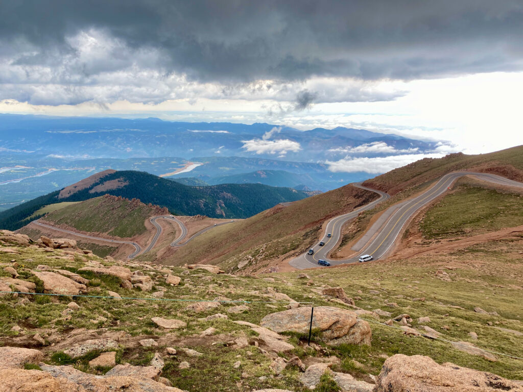 A view of the pikes peak winding road to the top of the mountain