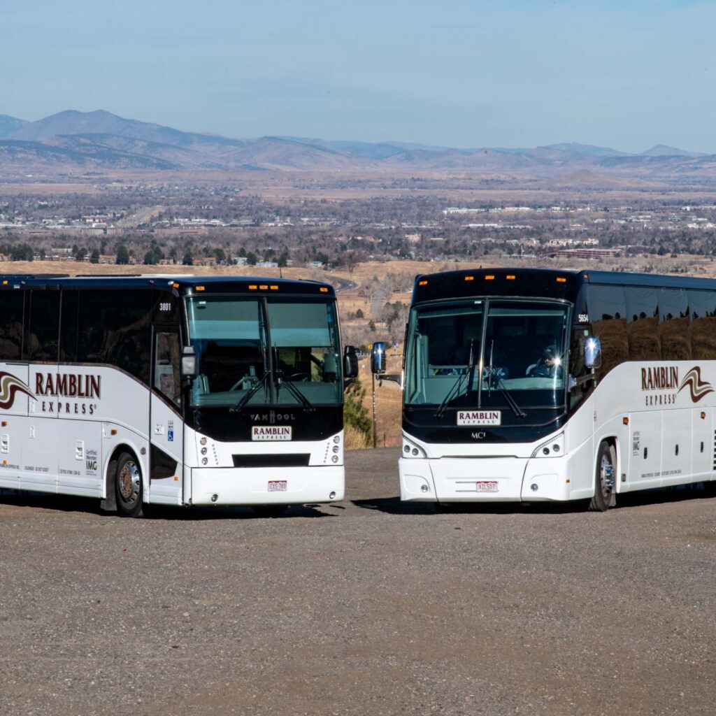 2 Ramblin Express luxury buses parked