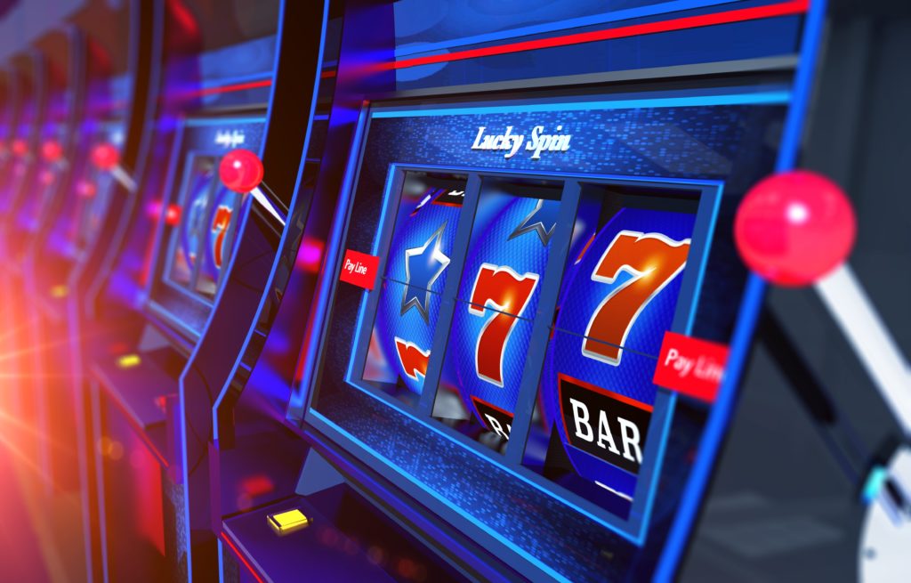 Row of Slot Machines 3D Rendered Illustration. Vegas Gambling Concept.