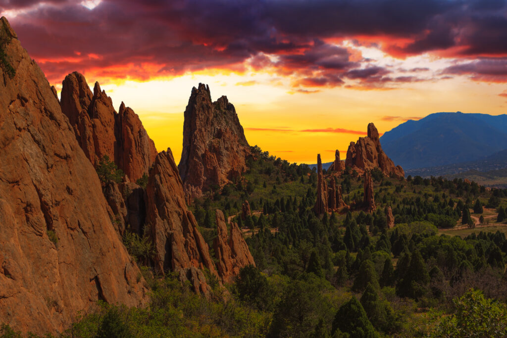 Majestic Sunset Image of the Garden of the Gods with dramatic sky.