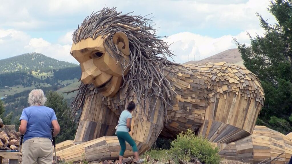 A close-up of the sculpture, Rita the Rock Planter