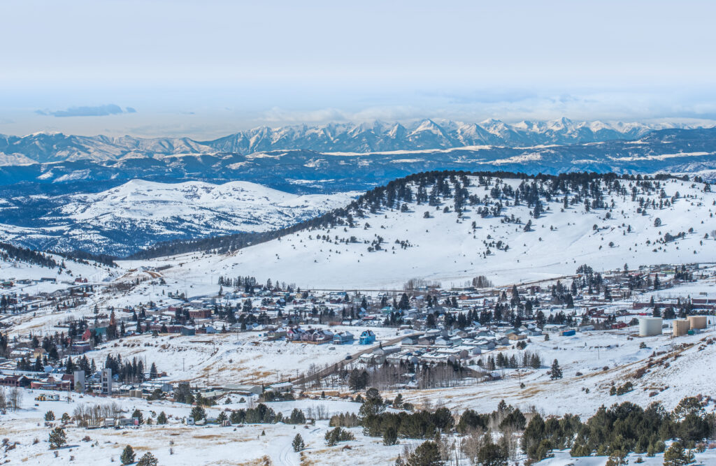 A snowy view of the town of Cripple Creek