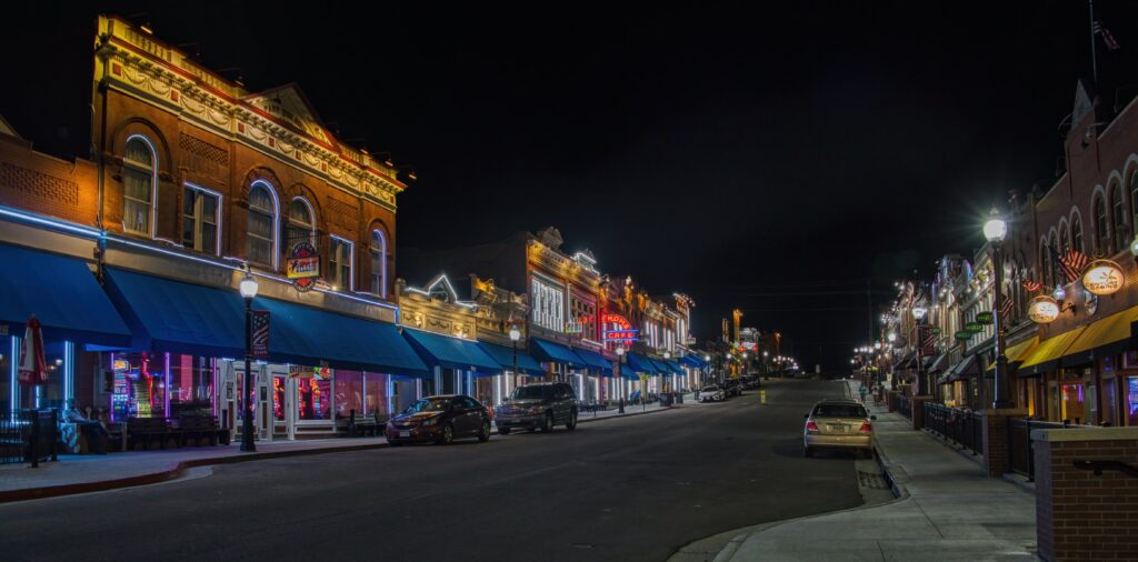 Night Photo of the Gambling Town of Cripple Creek, Colorado.