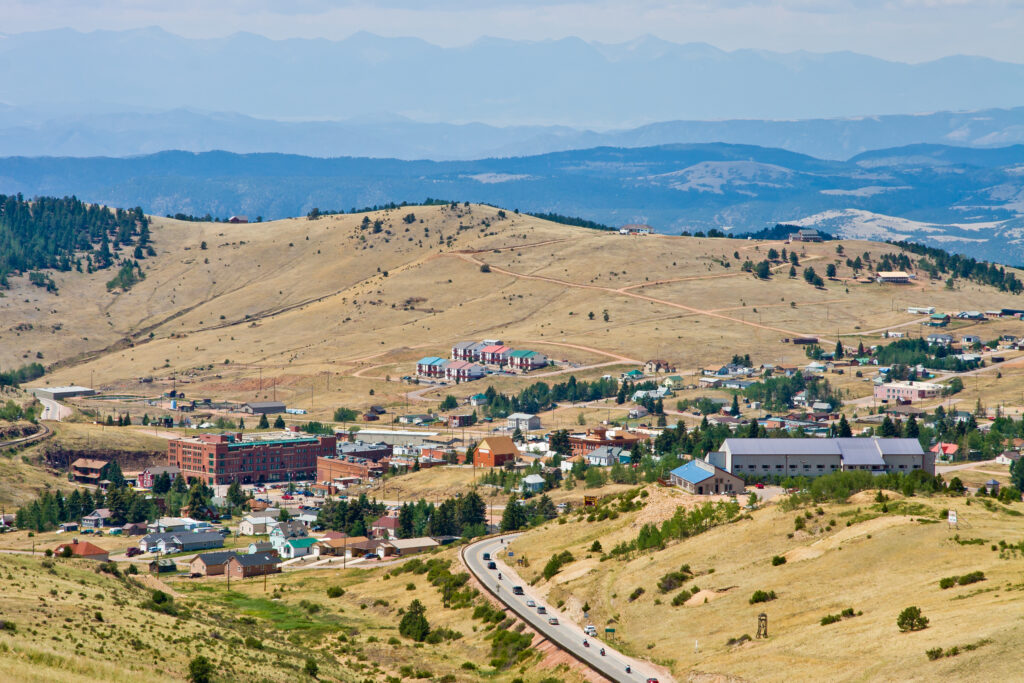 National Historic District view from the air in small Gambling town of Cripple Creek in Teller County, Colorado