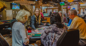 A blackjack table inside The Brass Ass casino