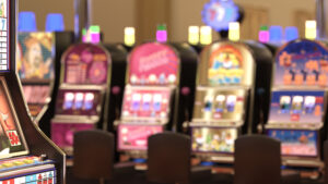 A shot of slot machines inside a casino.