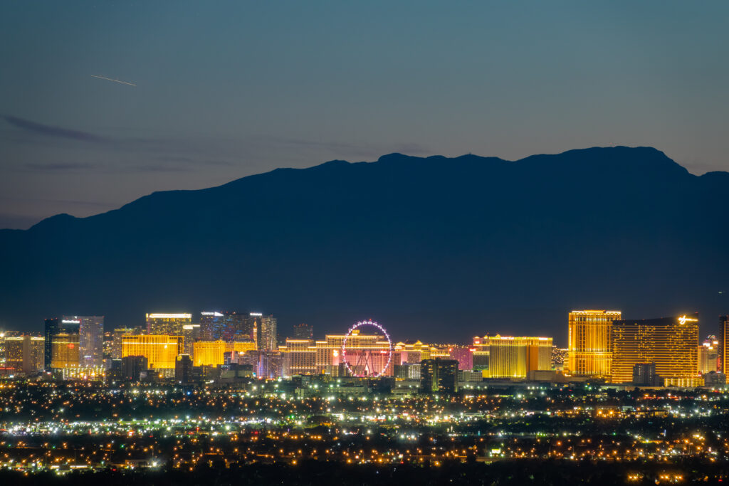Aerial night high angle view of the downtown Las Vegas Strip at Nevada