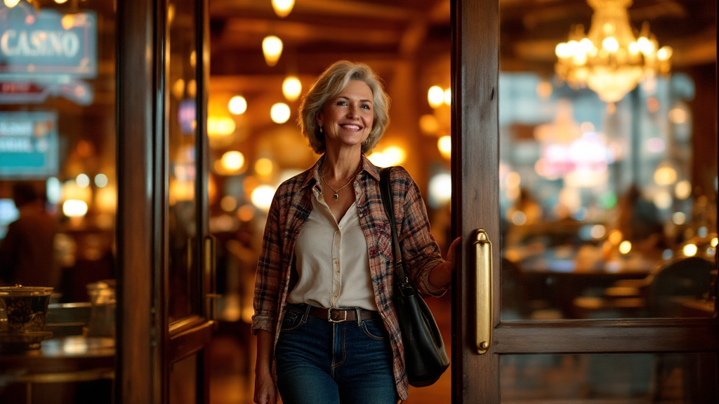 A smiling woman in her sixties walking through the entrance of a Cripple Creek casino on Bennett Avenue, warm interior lighting visible behind glass doors